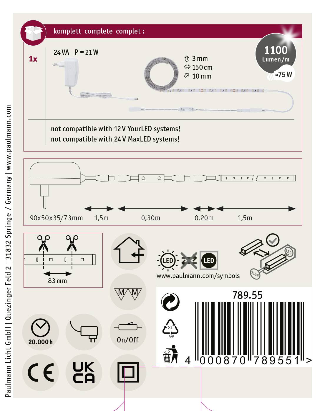 Paulmann SimpLED 78955 LED-Streifen-Komplettset mit Stecker 24V 1.5m Warmweiß 1St.