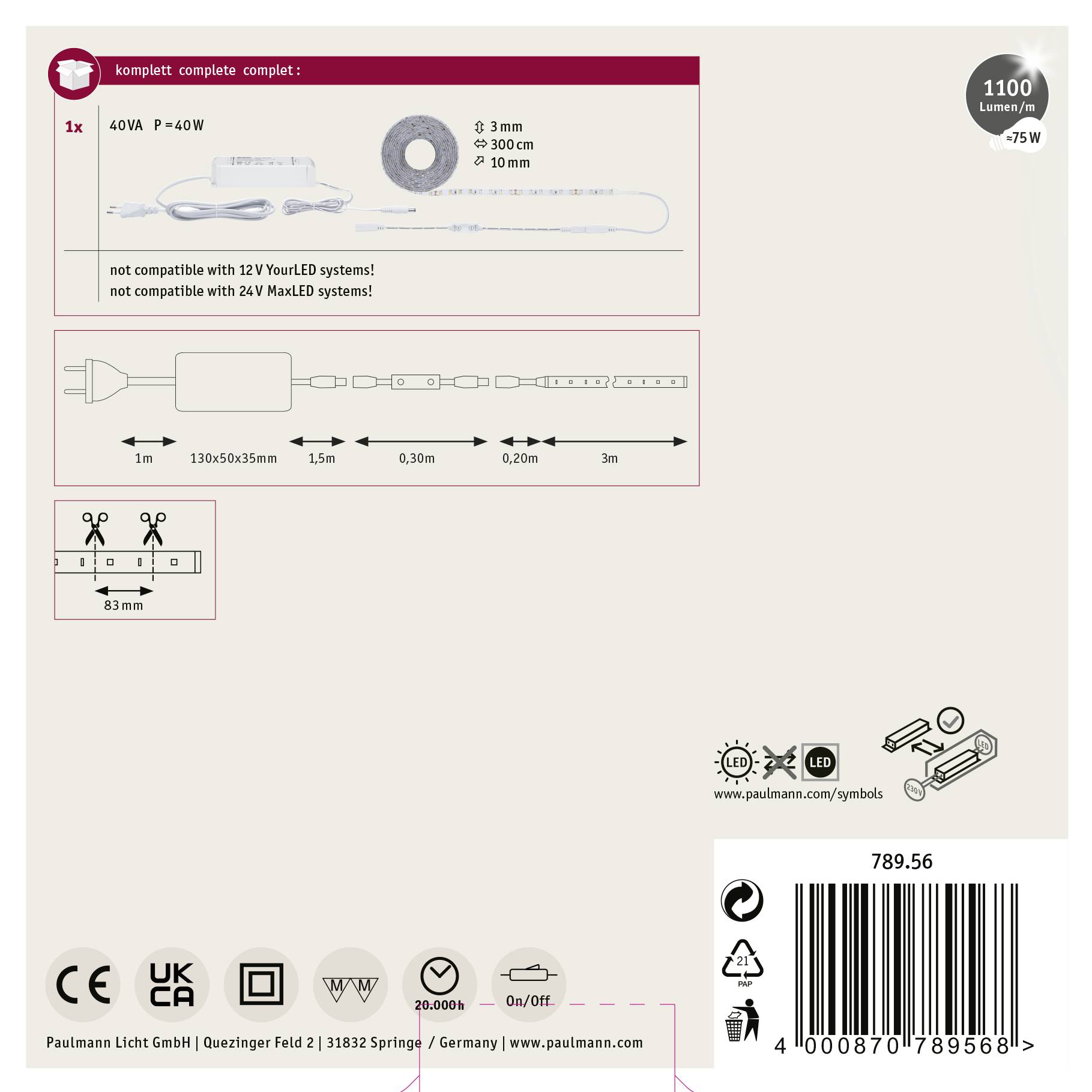 Paulmann SimpLED 78956 LED-Streifen-Komplettset mit Stecker 24V 3m Warmweiß 1St.