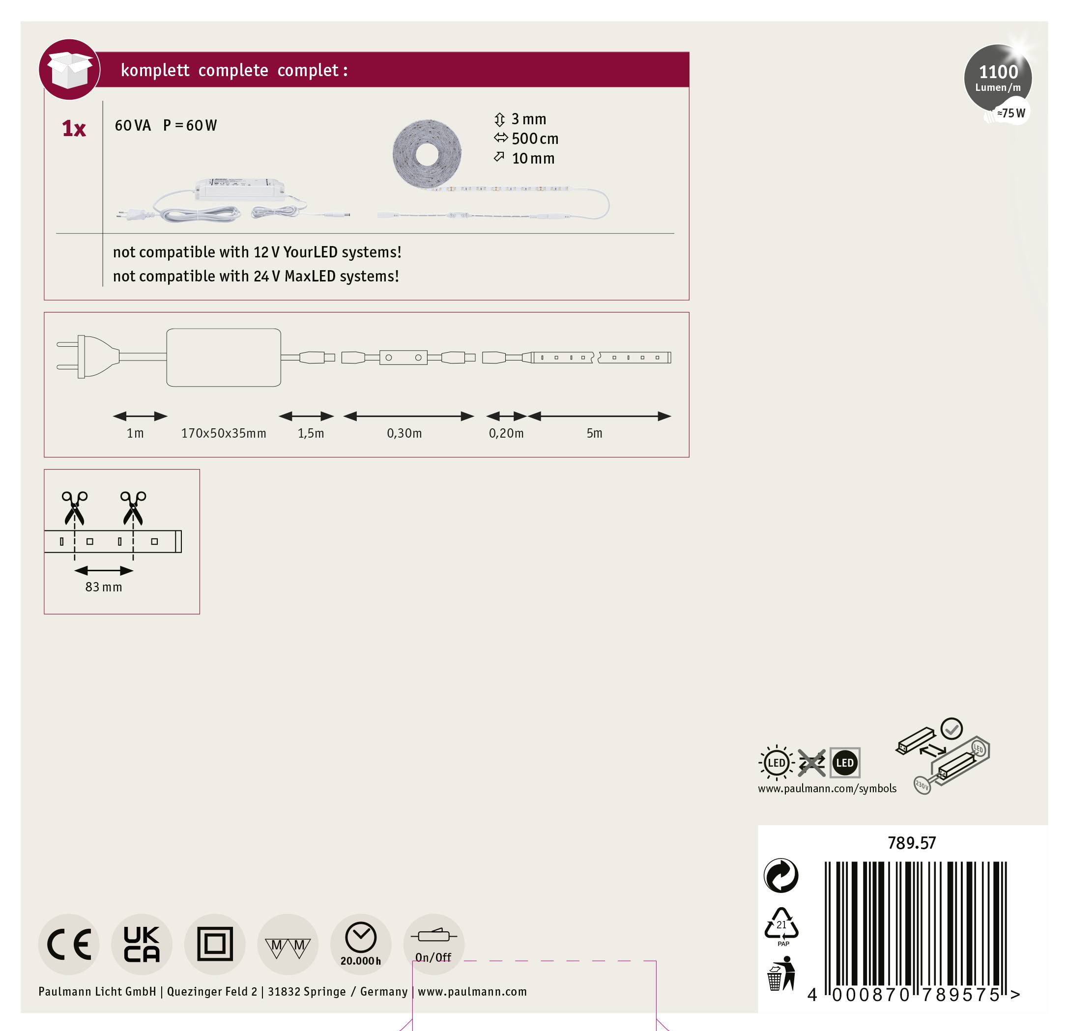 Paulmann SimpLED 78957 LED-Streifen-Komplettset mit Stecker 24V 5m Warmweiß 1St.