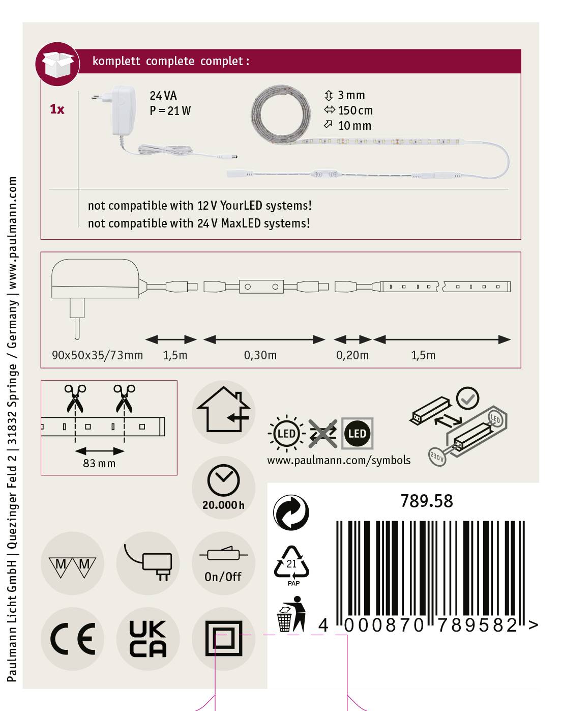 Paulmann SimpLED 78958 LED-Streifen-Komplettset mit Stecker 24V 1.5m Neutralweiß 1St.