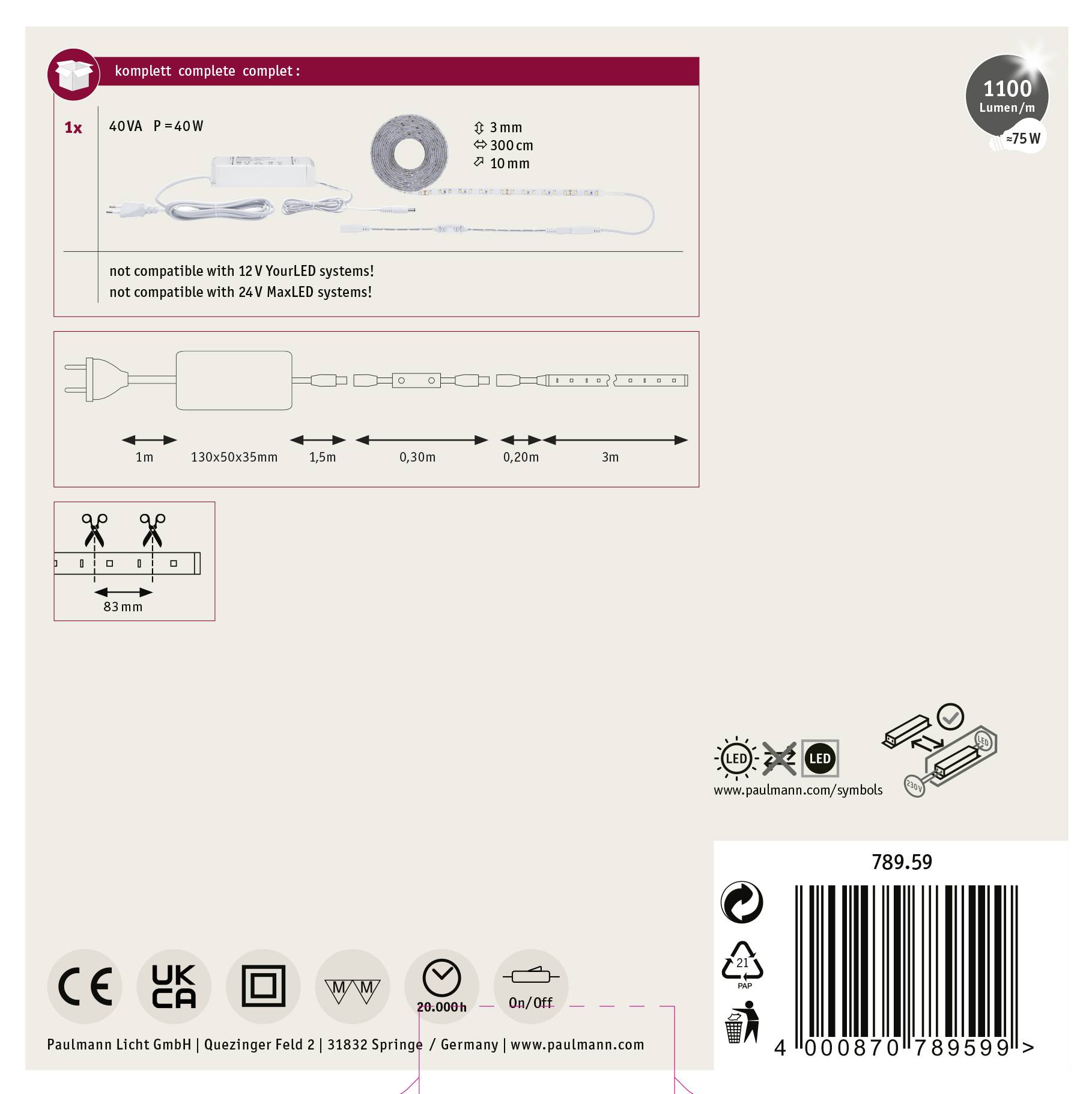 Paulmann SimpLED 78959 LED-Streifen-Komplettset mit Stecker 24V 3m Neutralweiß 1St.