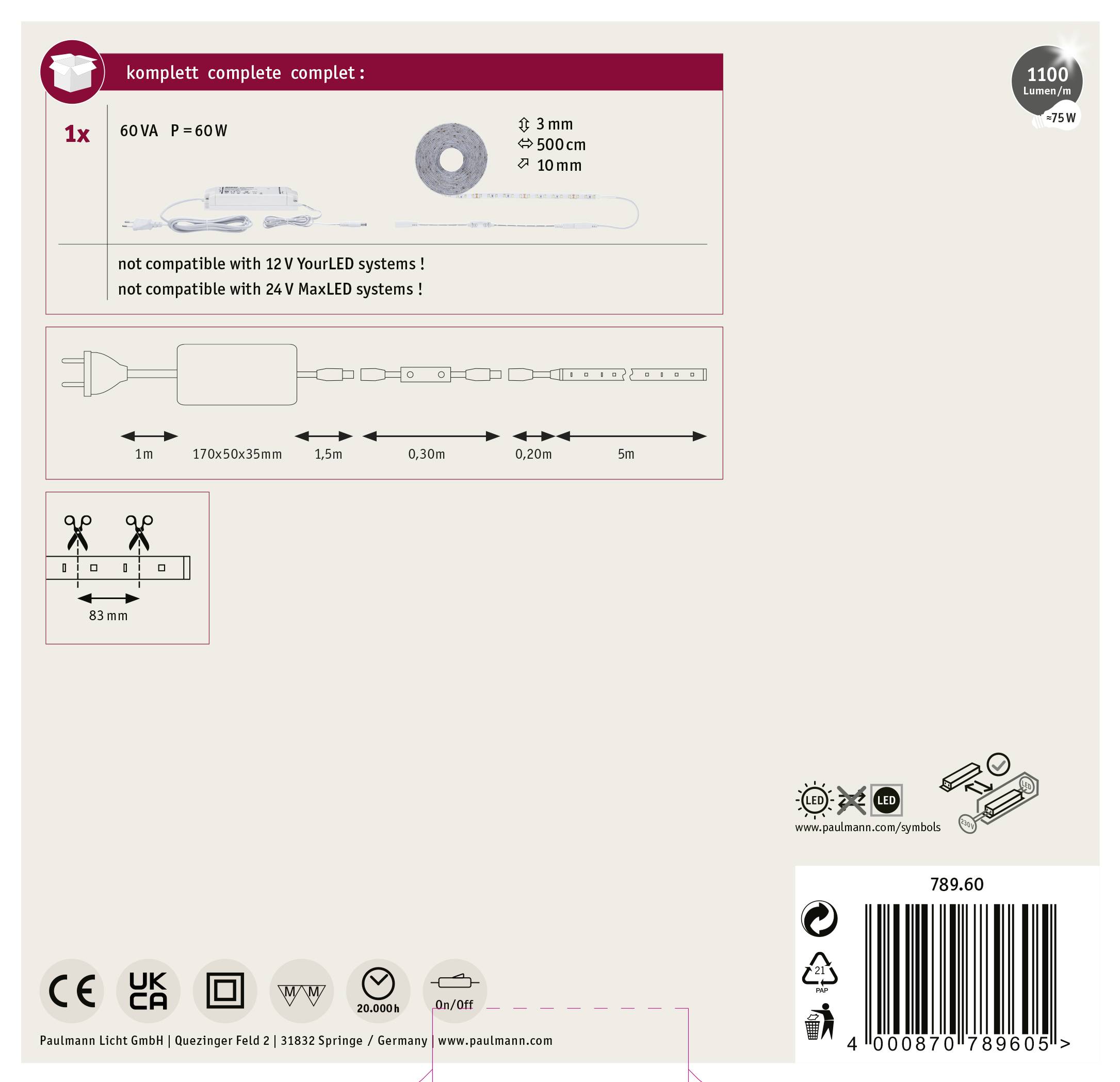 Paulmann SimpLED 78960 LED-Streifen-Komplettset mit Stecker 24V 5m Neutralweiß 1St.