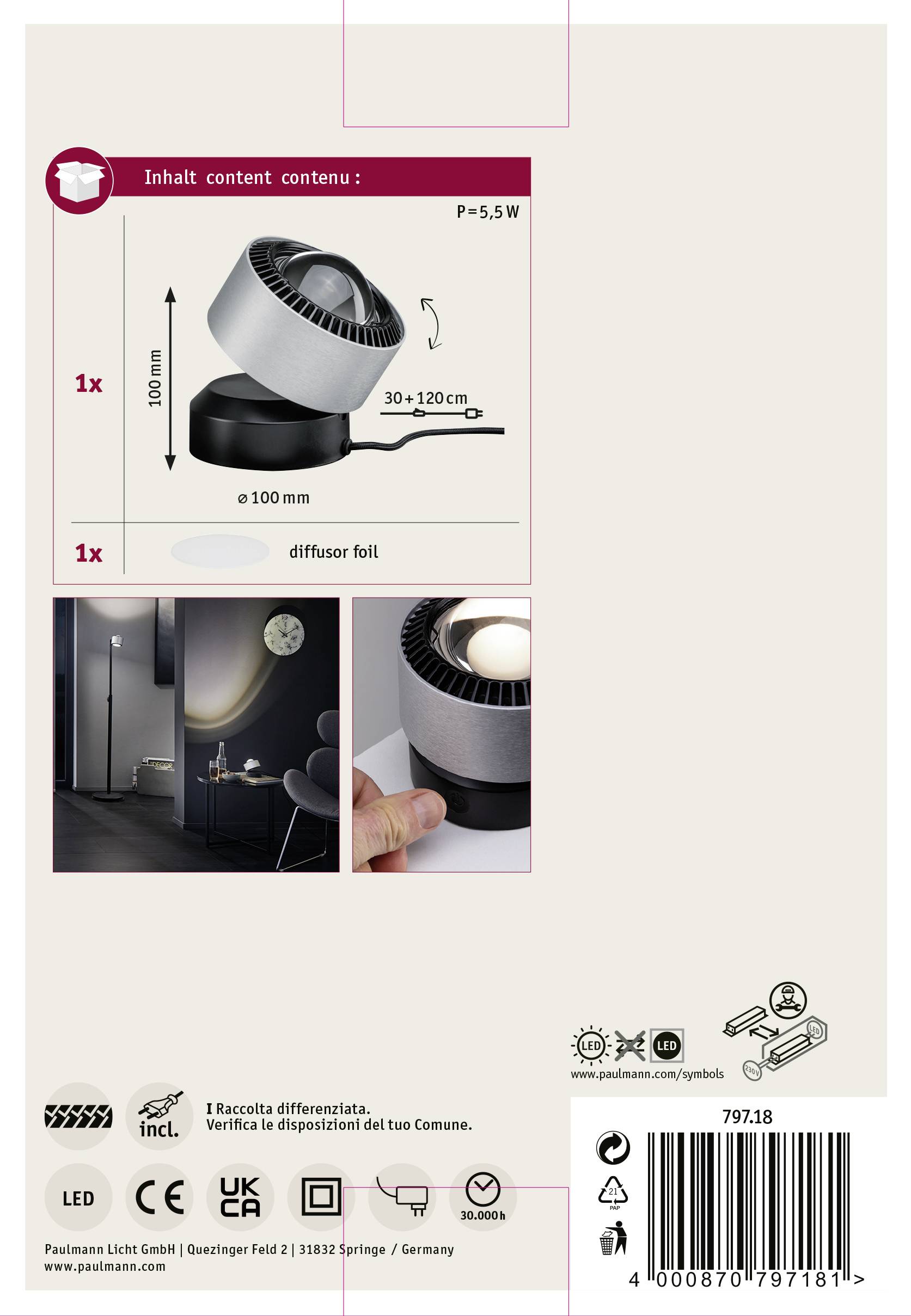 Paulmann 79718 LED-Tischlampe 3.5W Aluminium (gebürstet), Schwarz