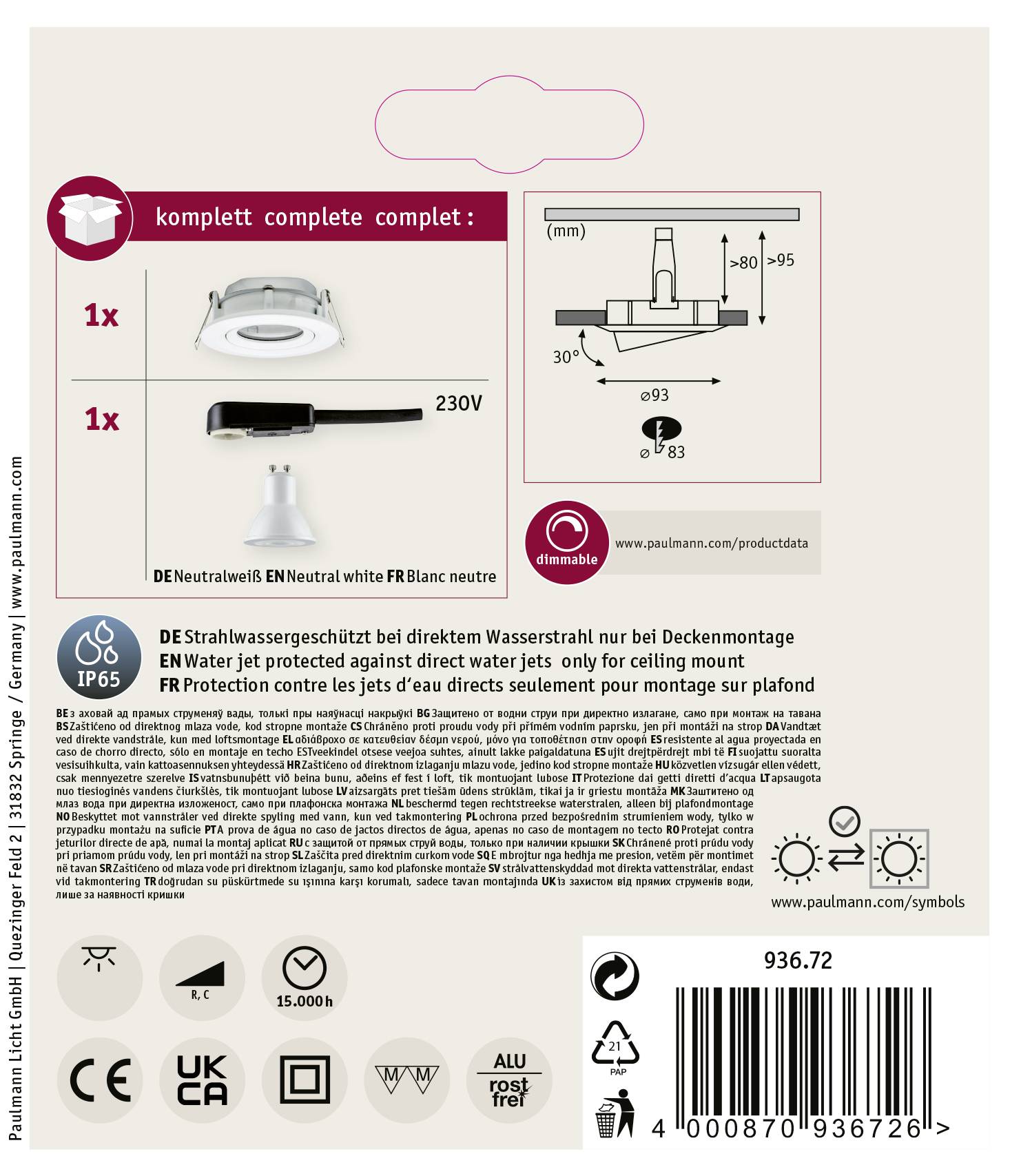 Paulmann Nova Plus Bad-Einbauleuchte LED GU10 6W IP65 Weiß (matt)