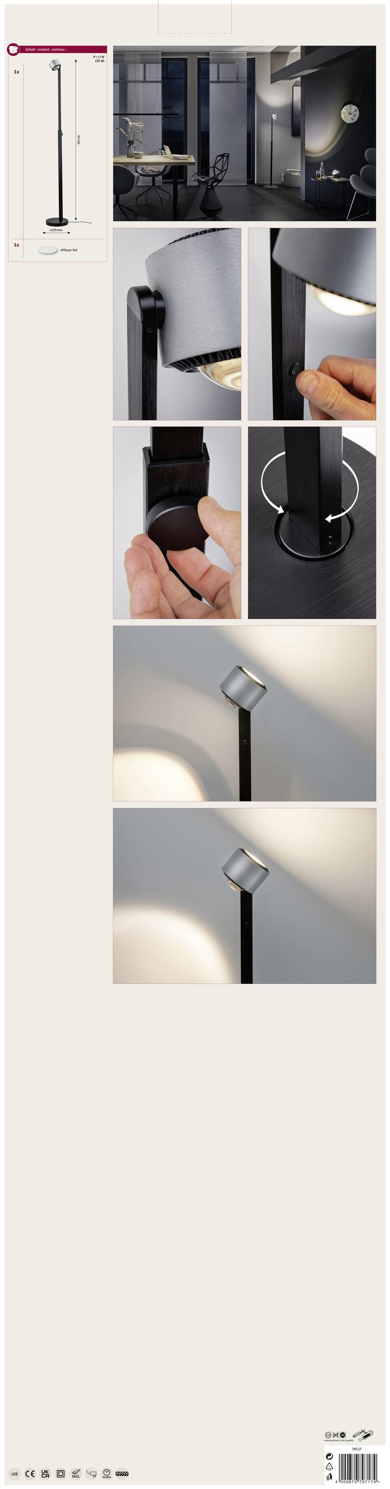 Stehlampe mit modernem Design, schwarzes Metall, stilvolle Details, Touch-Bedienung, gebogener Leuchtkopf, geeignet für Arbeitsräume.