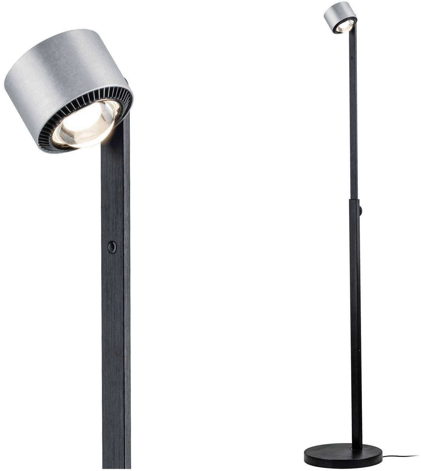 Stylische schwarze Stehlampe mit schwenkbarem, metallischem Lampenschirm und rundem Fuß, geeignet für modernes Interieur.