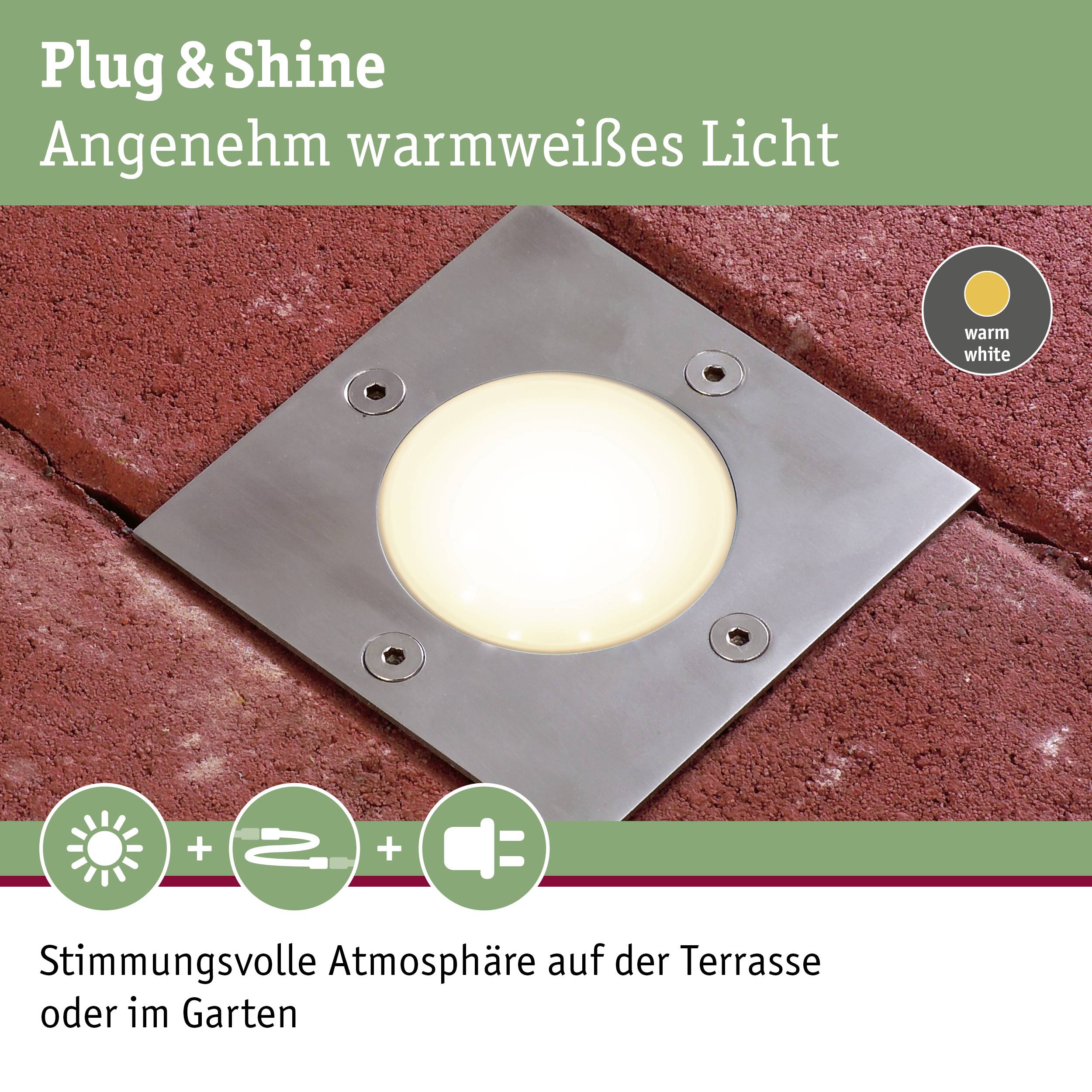 Paulmann 94227 Beleuchtungssystem Plug & Shine LED-Außeneinbauleuchte LED 3.6W Warmweiß Edelstahl