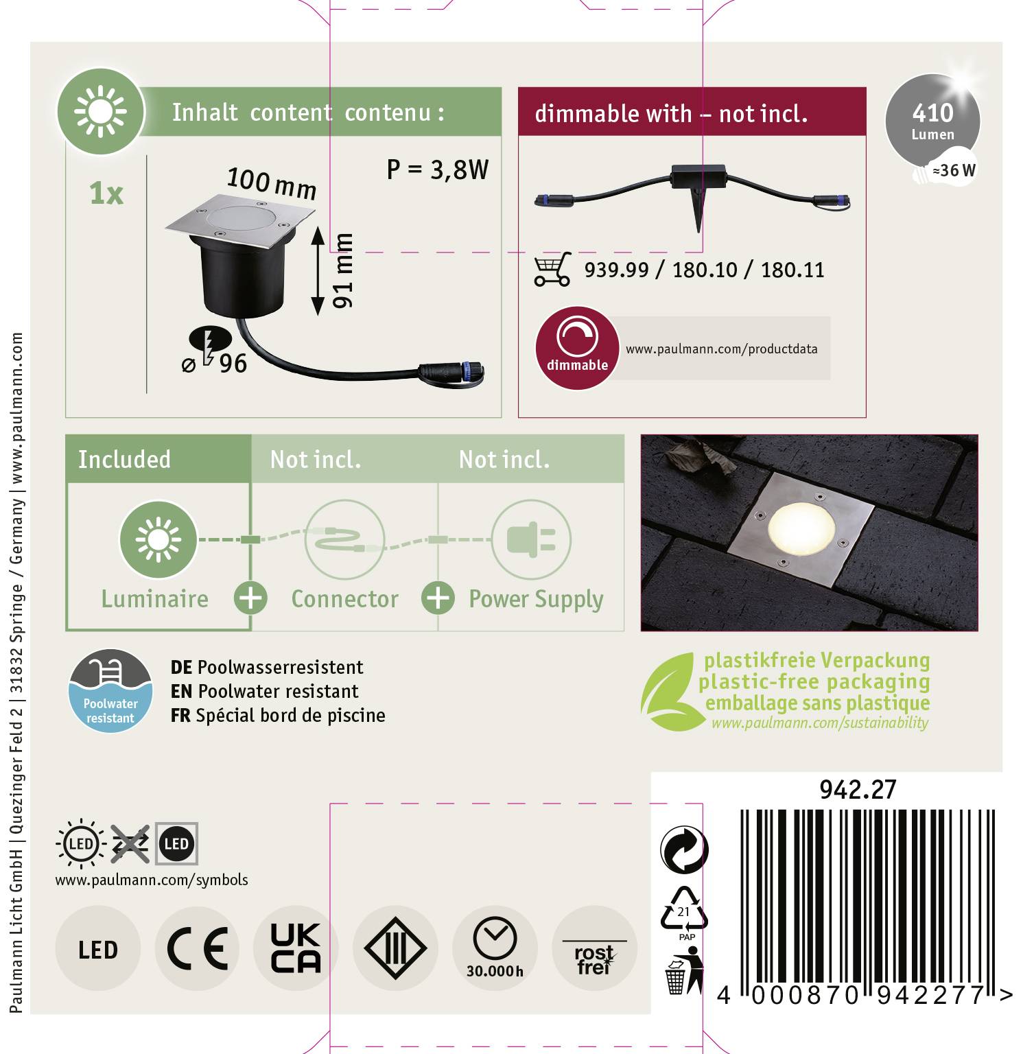 Paulmann 94227 Beleuchtungssystem Plug & Shine LED-Außeneinbauleuchte LED 3.6W Warmweiß Edelstahl