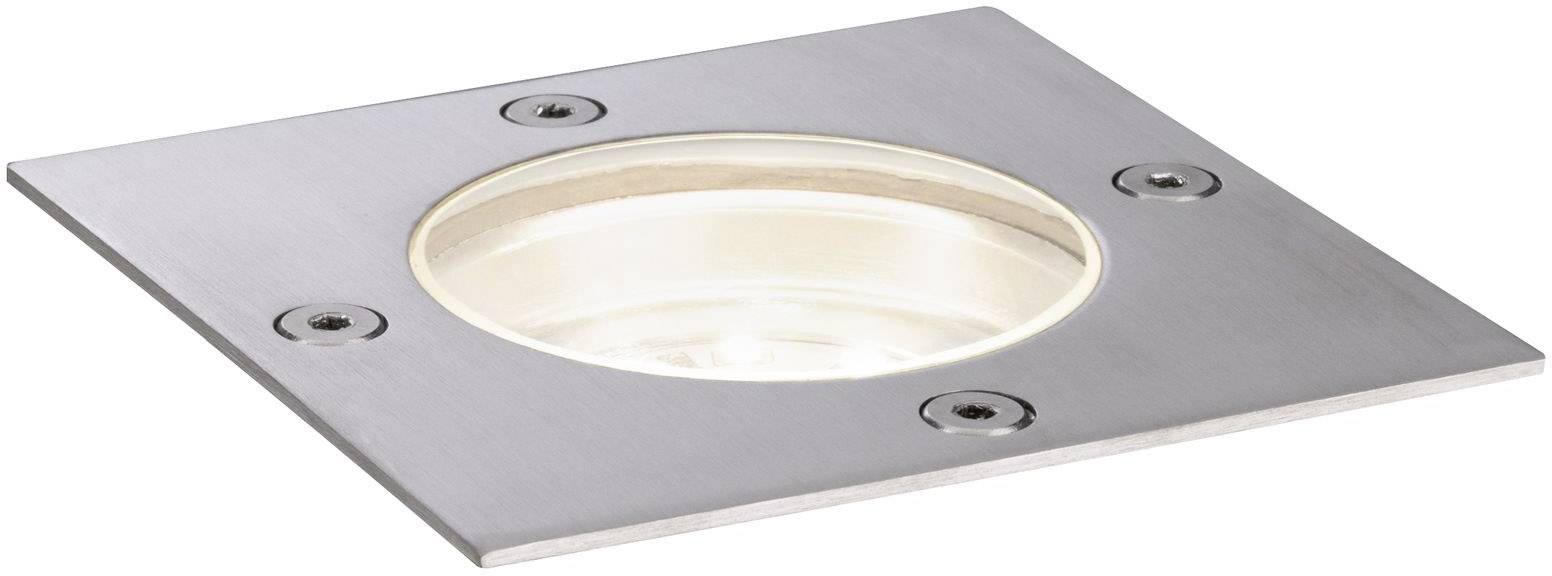 Ein quadratischer Einbaustrahler aus Metall mit rundem, eingelassenem Leuchtmittel, geeignet für Bodenmontage.