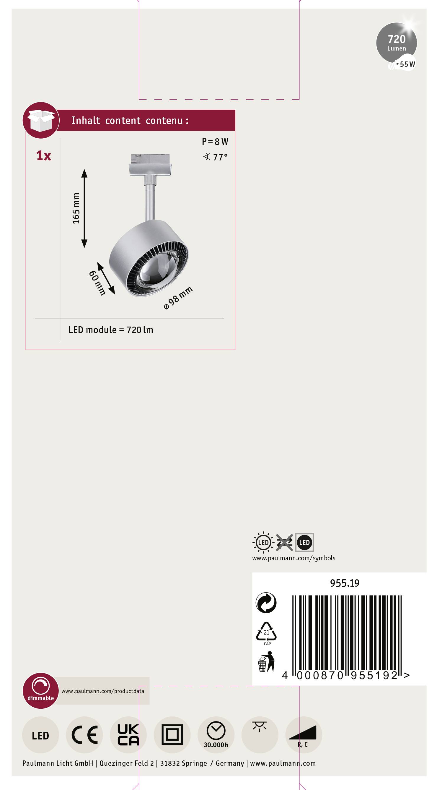 Paulmann Aldan Hochvolt-Schienensystem-Leuchte URail LED fest eingebaut 9W LED Chrom (matt)