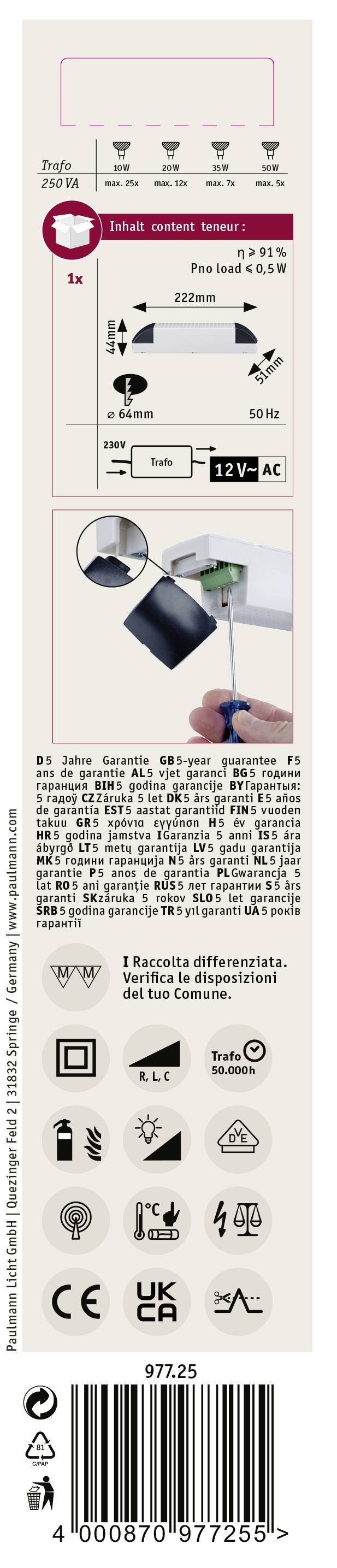 Beige Verpackungsetikett eines Lampenmodells, zeigt Montageanleitung, Symbolerklärungen für Energieeffizienz, Spannung, Schutzklassen, darunter Barcode und Modellnummer 97225.