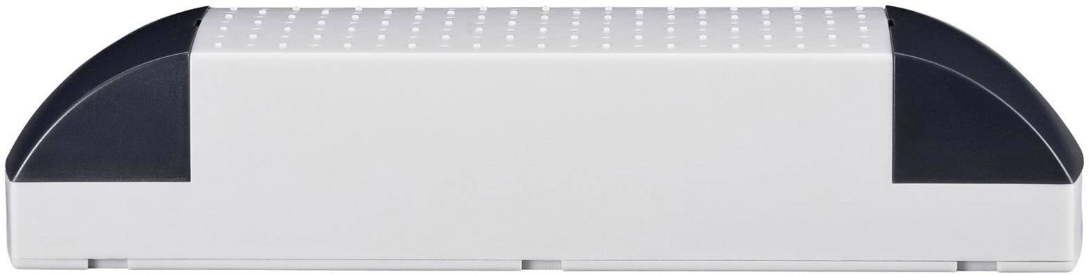 Weiße Box mit schwarzem, gewölbtem Rand an beiden Seiten, möglicherweise ein Netzwerkrouter oder ein elektronisches Gerät.