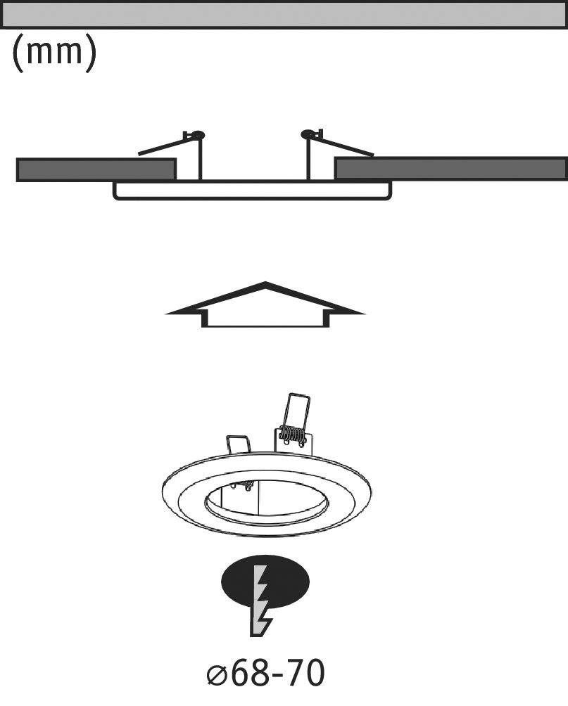 Diagramm zur Installation einer Einbauleuchte, zeigt Maße und Montagehinweise, geeignet für Öffnungen mit einem Durchmesser von 68-70 mm.