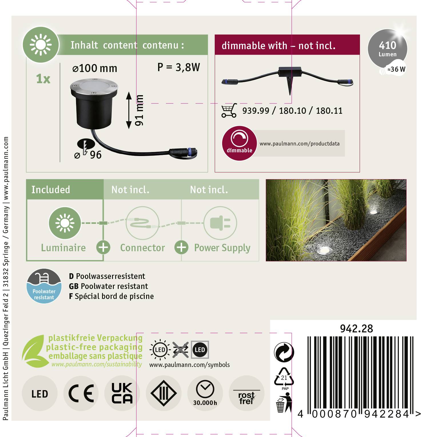 Paulmann 94228 Beleuchtungssystem Plug & Shine LED-Außeneinbauleuchte LED 3.6W Warmweiß Edelstahl