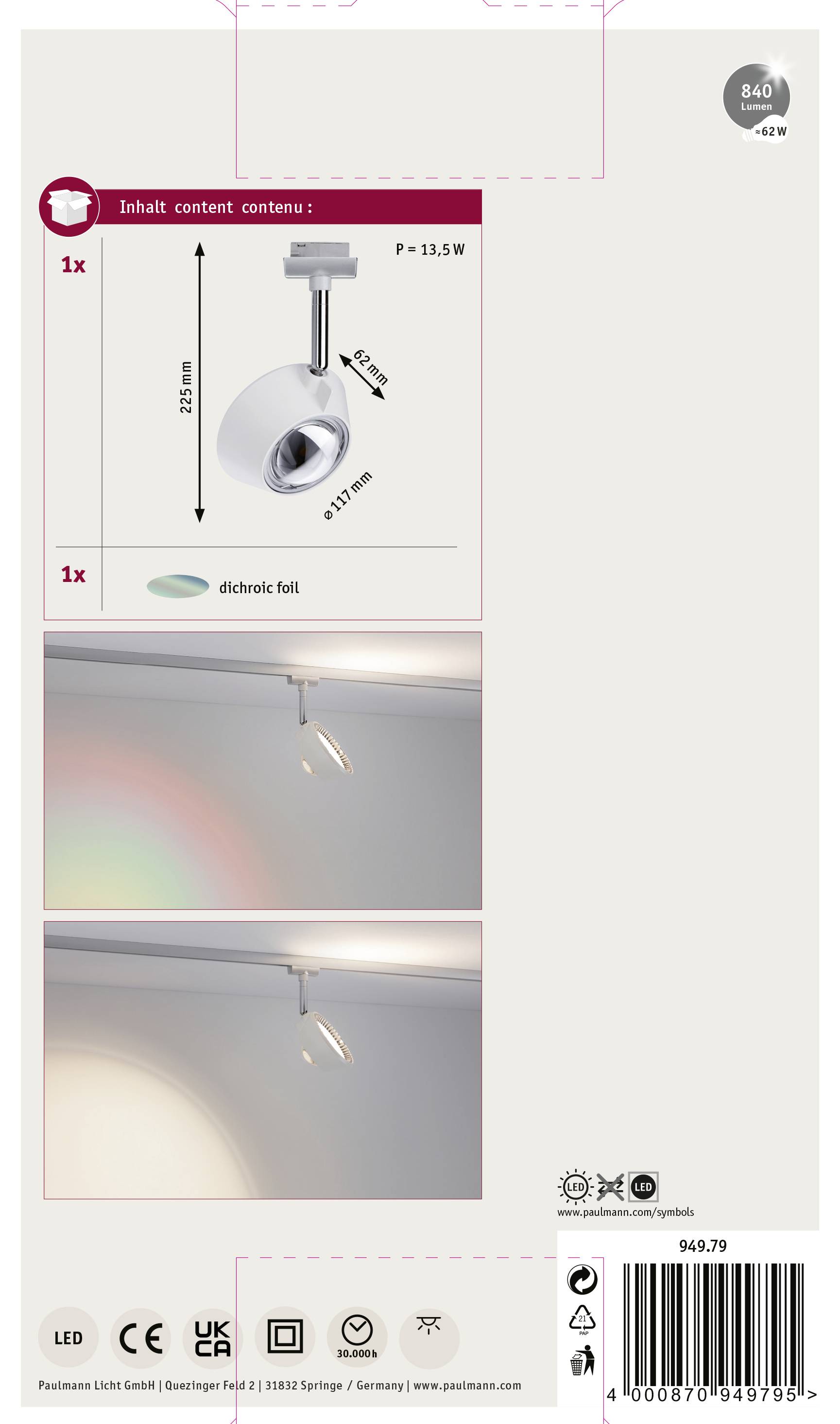 Paulmann URail Sabik Hochvolt-Schienensystem-Leuchte URail LED fest eingebaut 13W LED Chrom (matt), Weiß (matt)