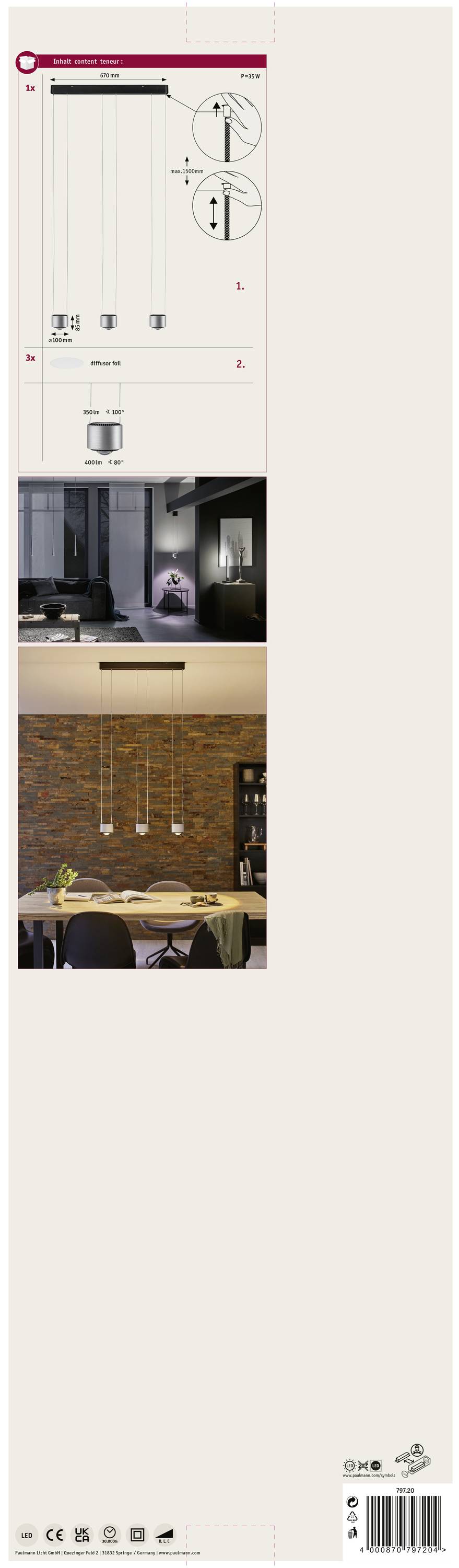 Paulmann Aldan 79720 LED-Pendelleuchte 15W Aluminium, Schwarz