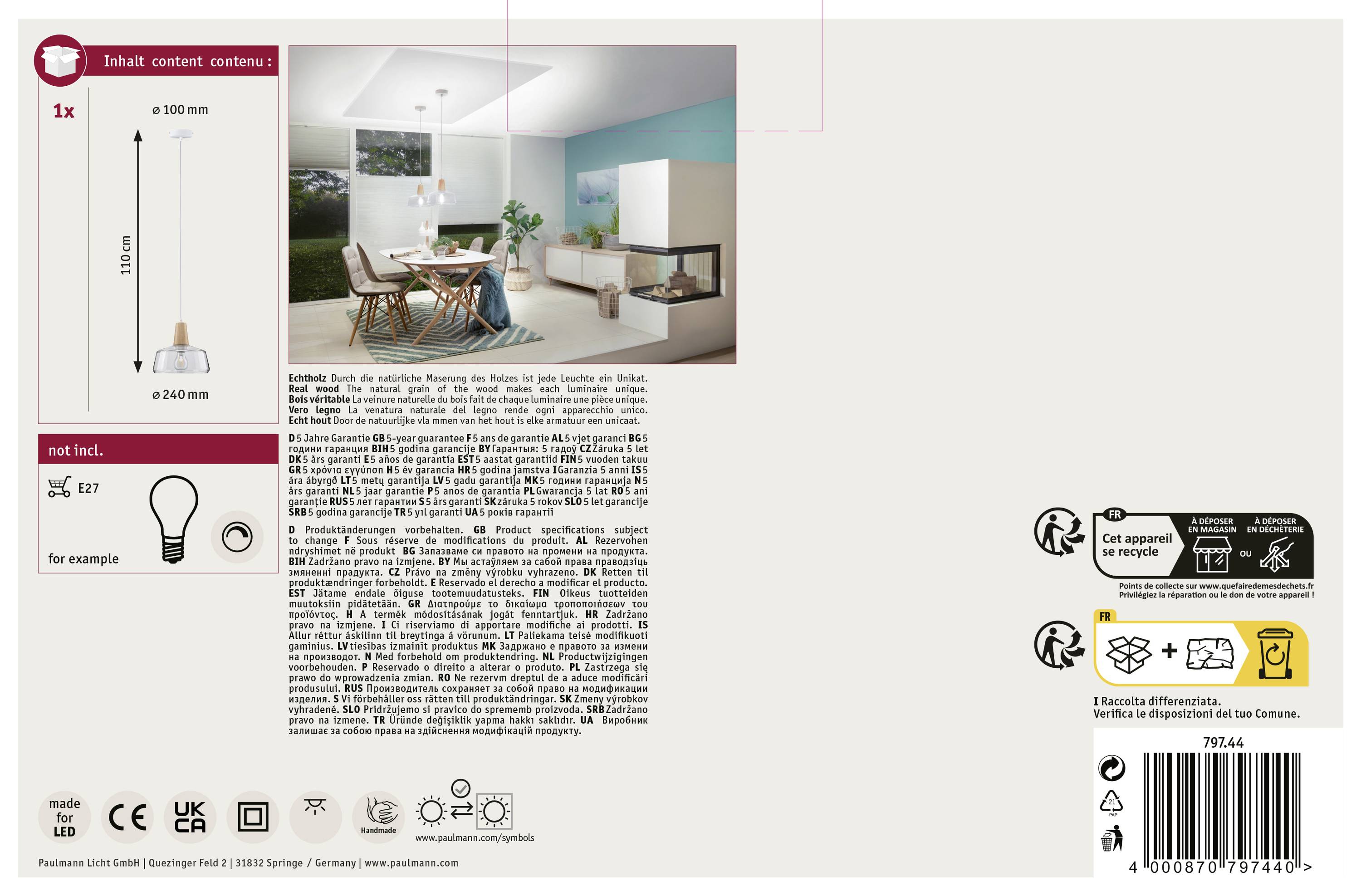 Paulmann Neordic Ylvie 79744 Pendelleuchte LED E27 20W Holz, Klar