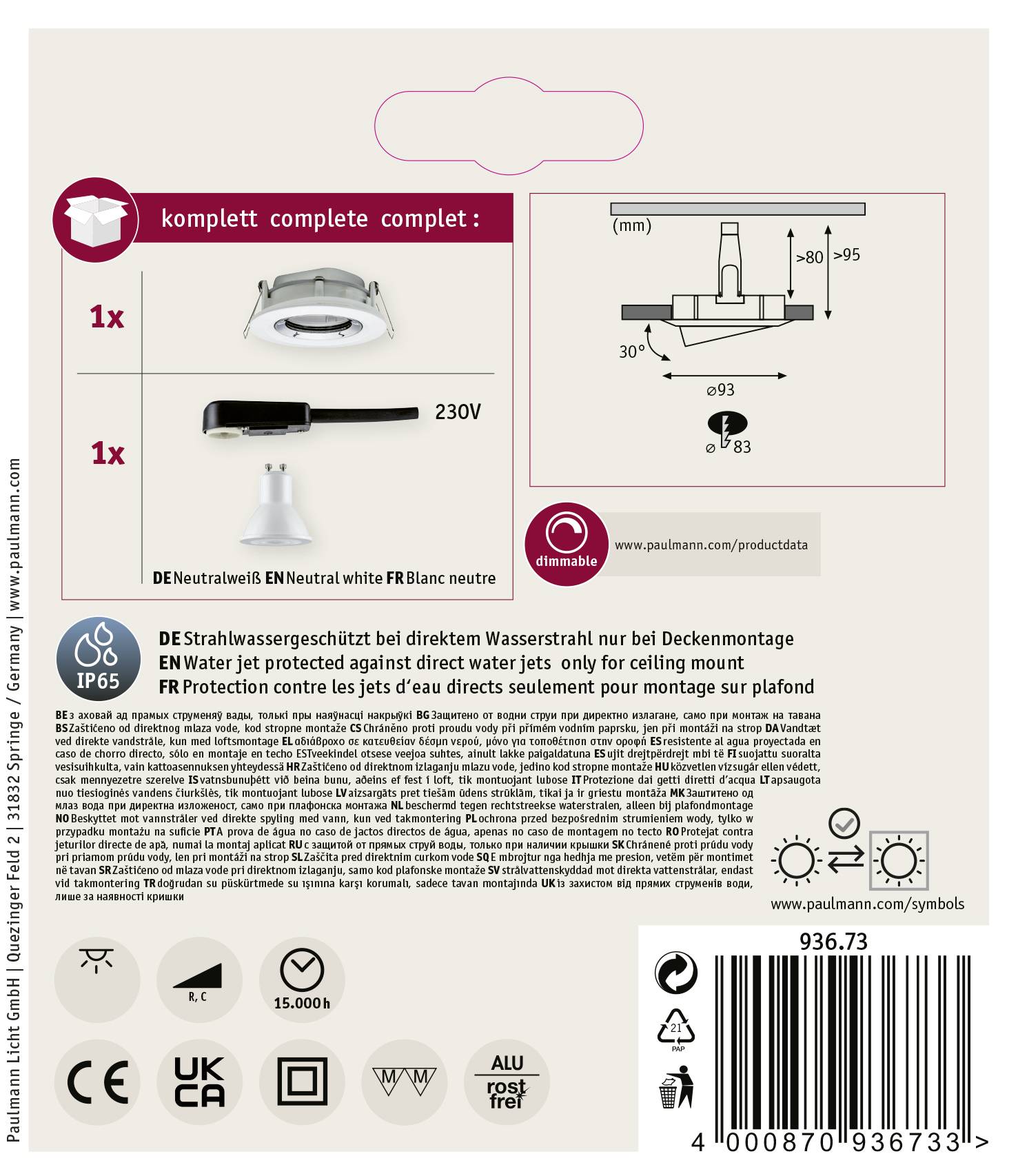 Paulmann Nova Plus Bad-Einbauleuchte LED GU10 6W IP65 Weiß (matt), Chrom