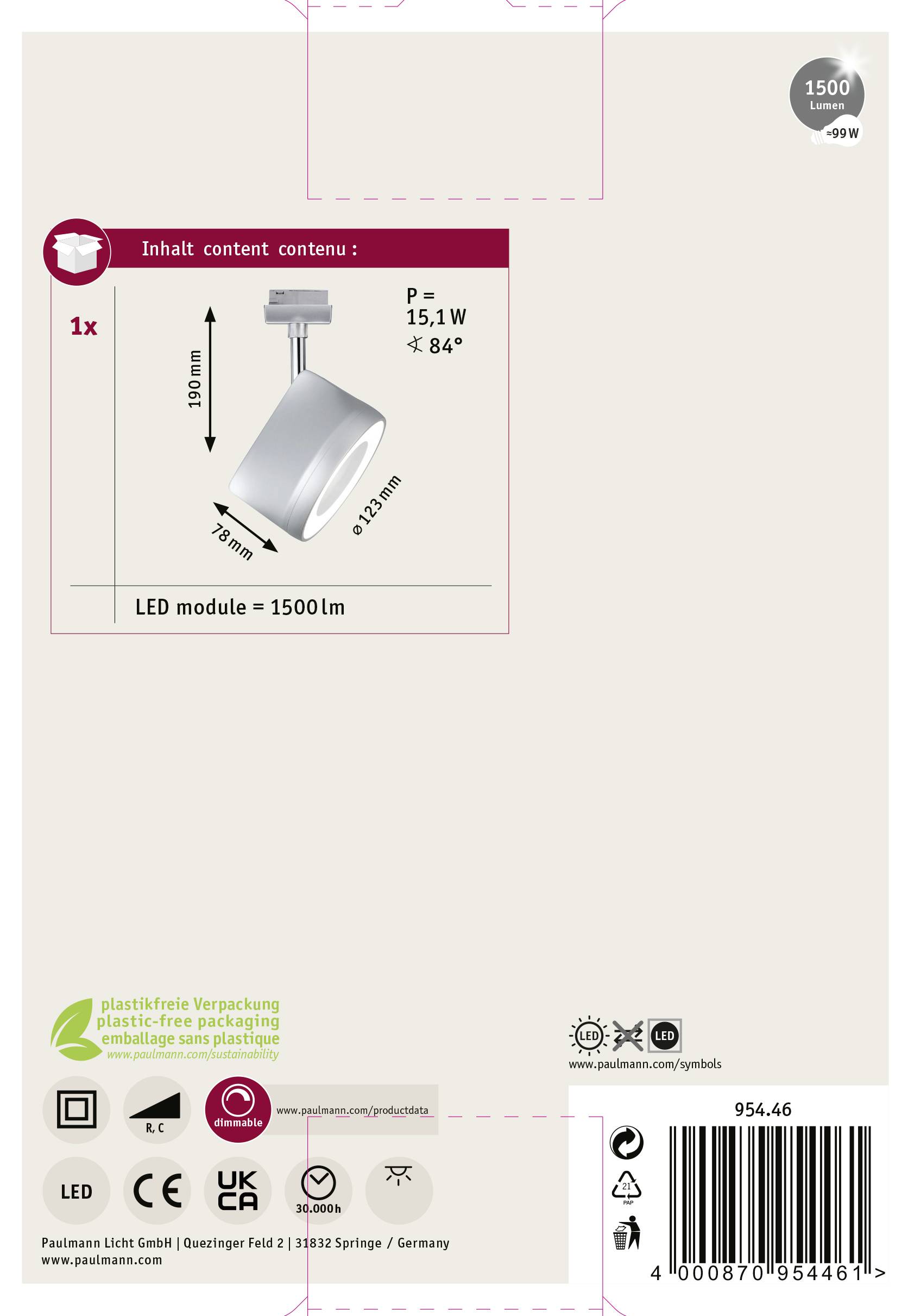 Paulmann URail Arena Hochvolt-Schienensystem-Leuchte URail LED fest eingebaut 15W LED Chrom (matt), Chrom
