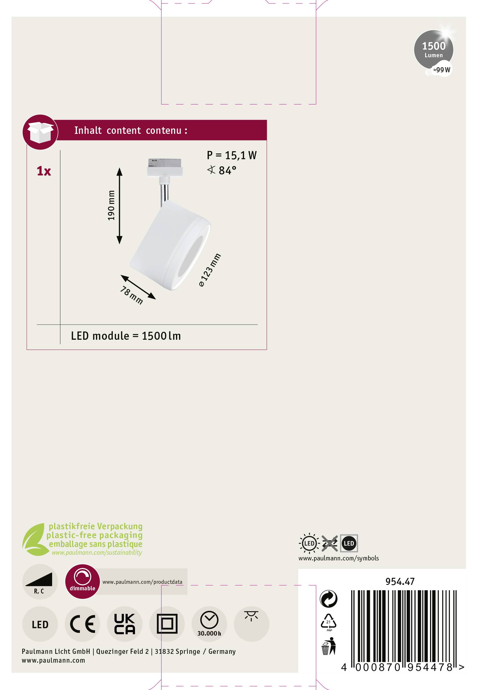 Paulmann URail Arena Hochvolt-Schienensystem-Leuchte URail LED fest eingebaut 15W LED Weiß, Chrom