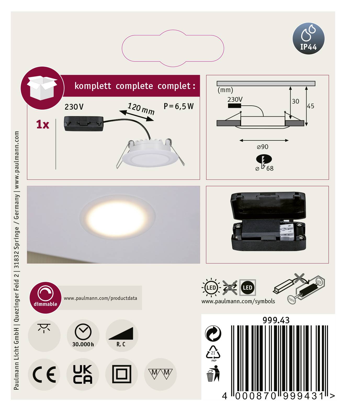 Paulmann LED-Bad-Einbauleuchte 6.5 W IP44 Satin, Weiß