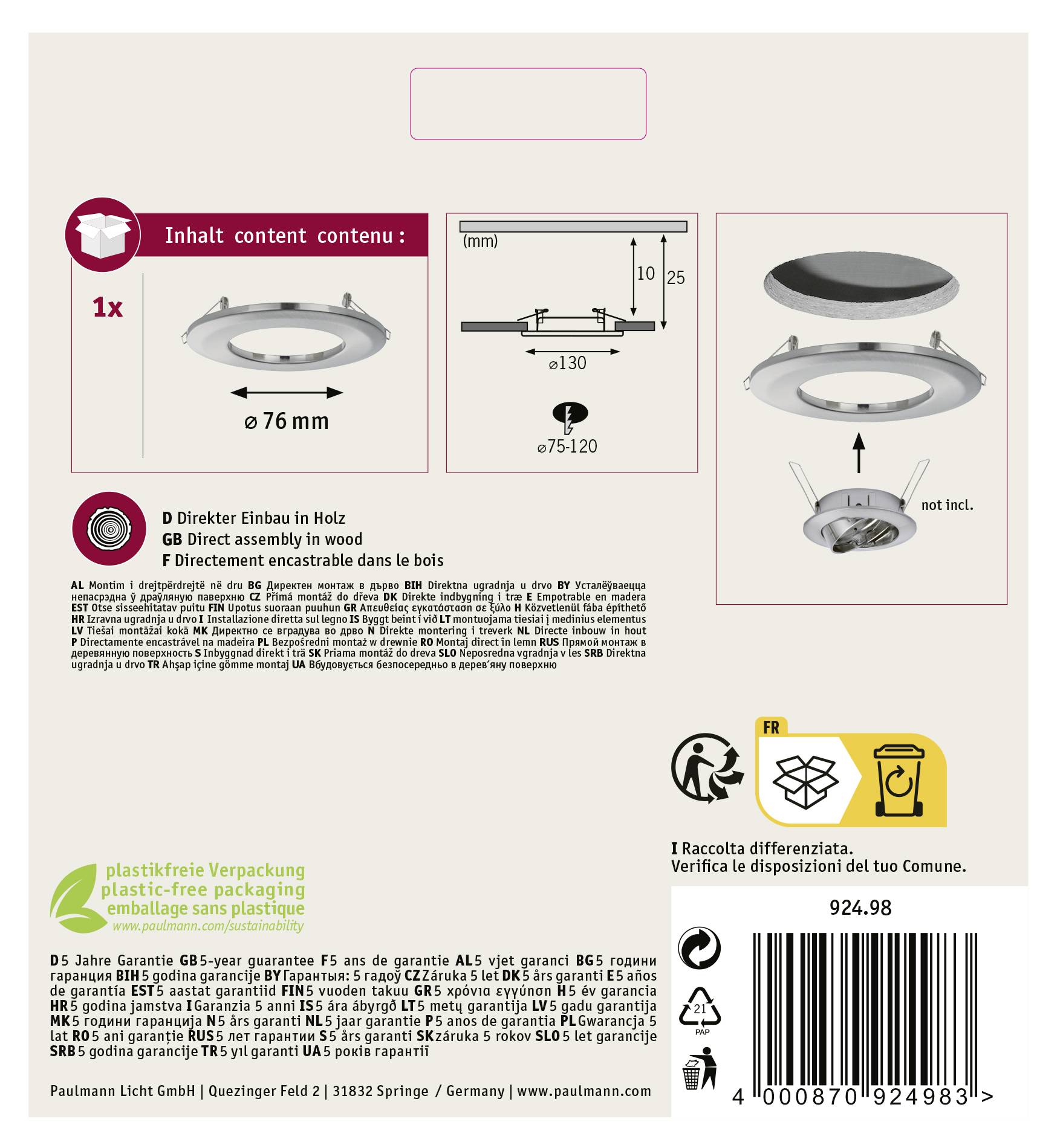 Verpackung: 1x rundes Lichtring-Set, Ø 76 mm, direkte Montage in Holz, plastikfreie Verpackung. Schema und technische Daten abgebildet.