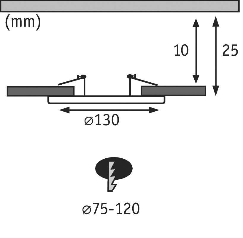 Durchmesser eines runden Objekts: 130 mm. Höhenbereich: 10-25 mm. Zweites Element mit Durchmesser: 75-120 mm, mit Blitzsymbol.