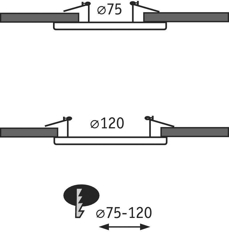 Diagramm zeigt zwei mögliche Einbaugrößen für eine Lichtinstallation: oben Ø75 mm, unten Ø120 mm. Verstellbarer Bereich: Ø75-120 mm.