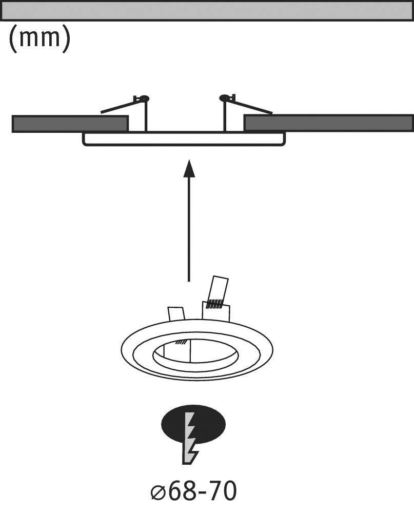 Einbauleuchten-Diagramm: Zeigt die Montage eines runden Deckenstrahlers mit einem Durchmesser von 68–70 mm in eine Decke.