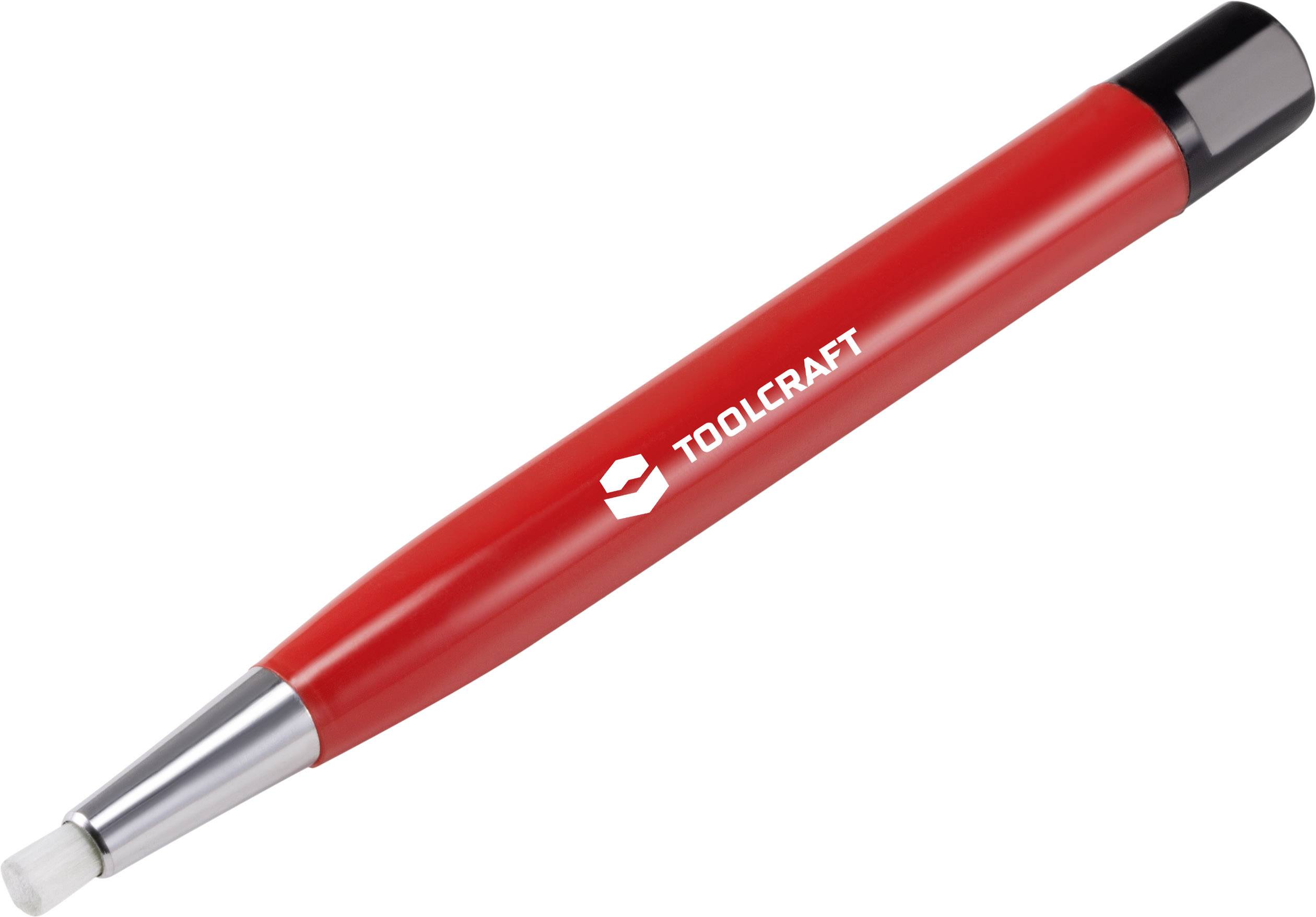 Roter Stift mit silberner Spitze und schwarzem Ende, darauf steht 'TOOLCRAFT'.
