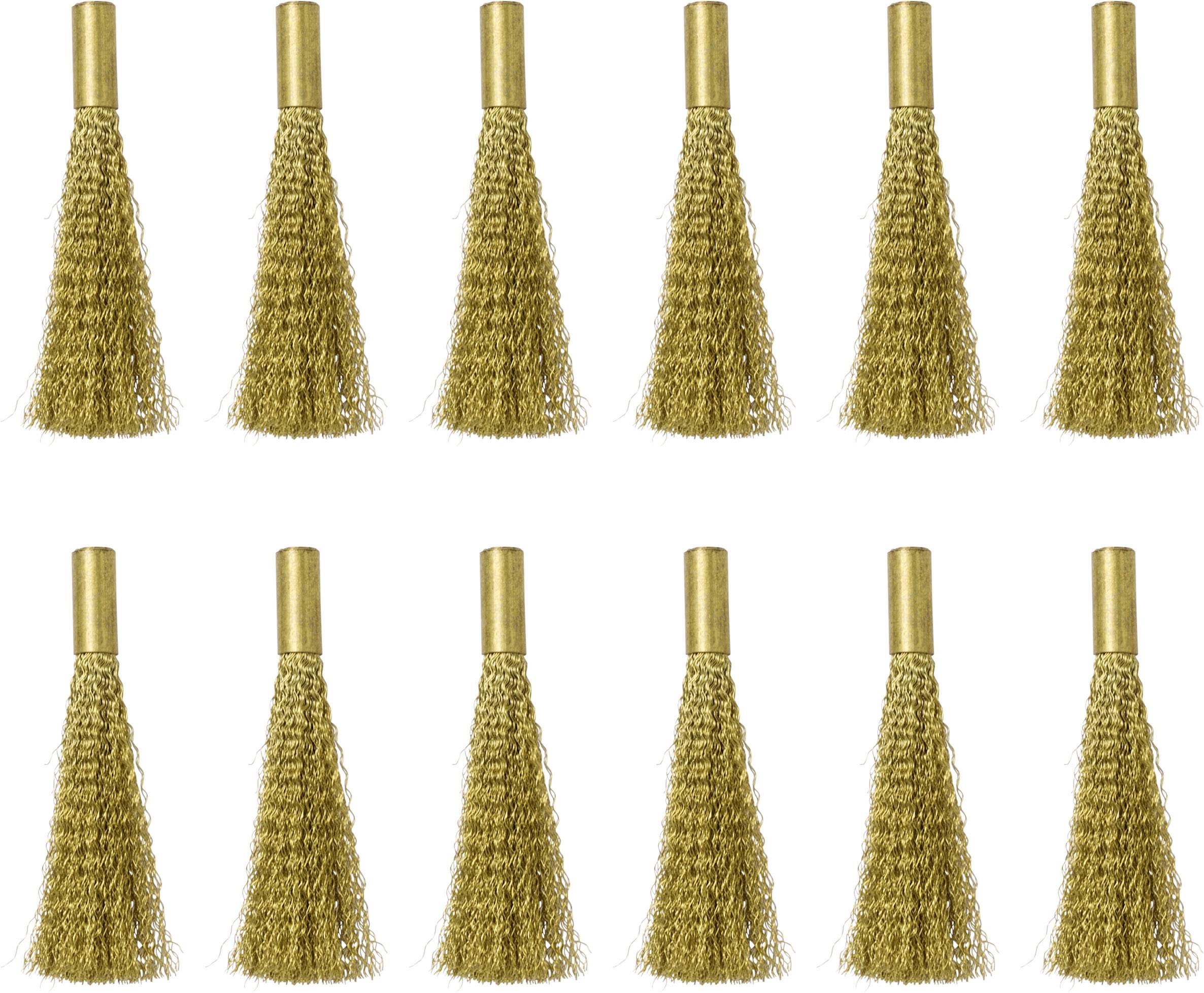 Zwölf identische, goldfarbene Drahtbürstenköpfe sind in vier Reihen zu je drei Stück angeordnet, alle senkrecht nach oben zeigend.