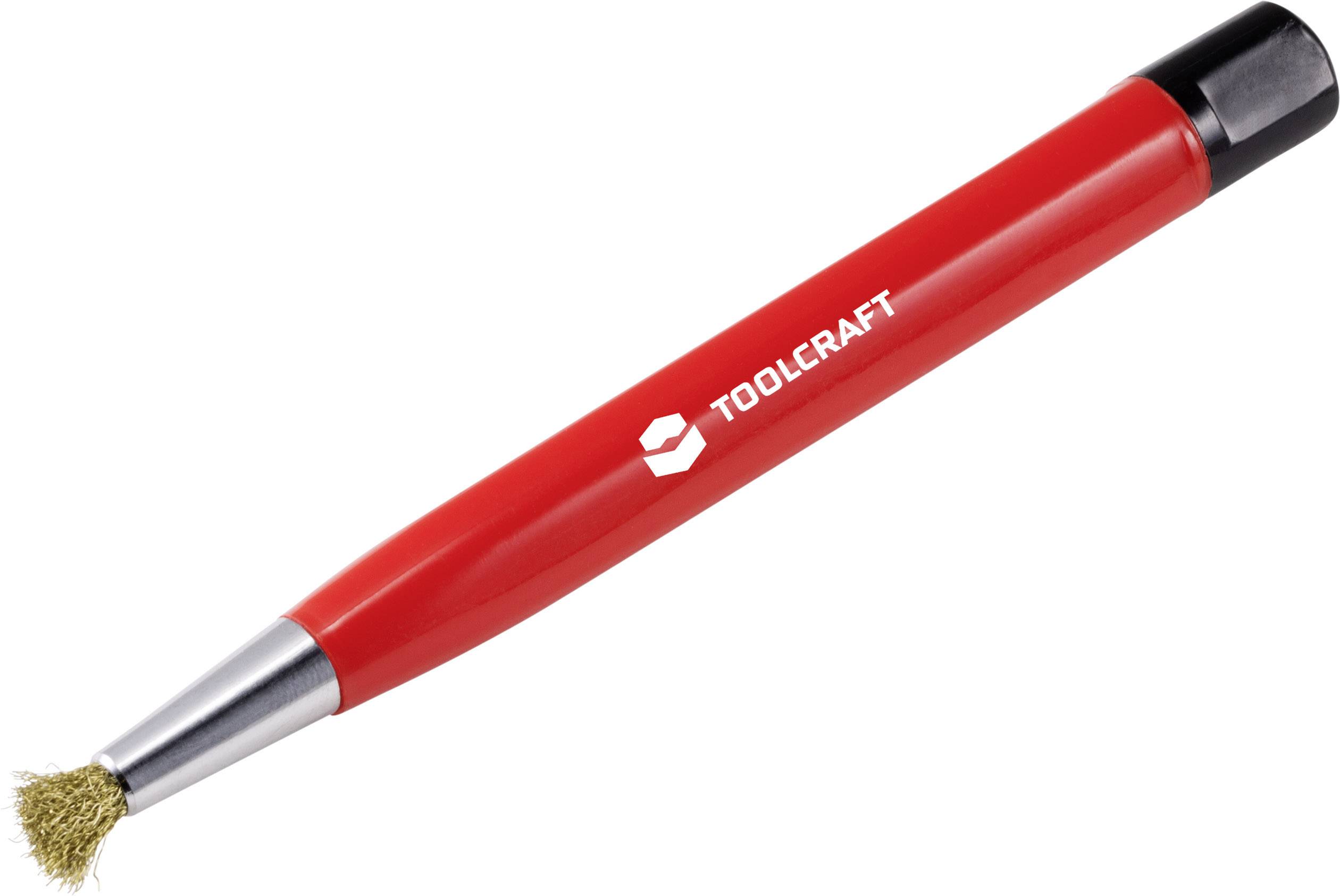 Roter Entlötsauger mit metallener Spitze und Bürstenkopf, geeignet für elektronische Arbeiten.