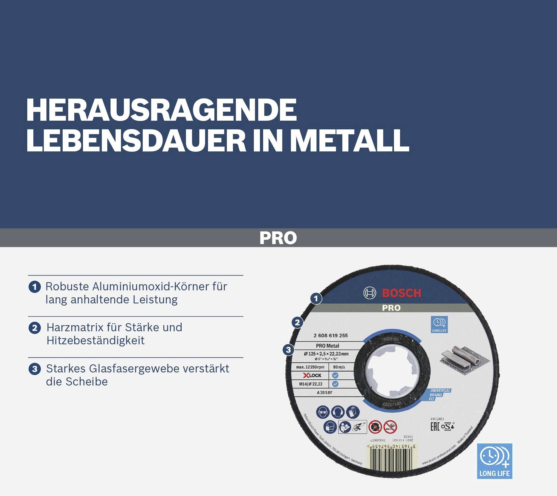 'Extra lange Lebensdauer in Metall', Schleifscheibe mit robuster Aluminiumoxid-Körnung, Harzmatrix und starkem Glasfasergewebe.