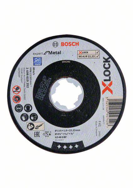 Schleifscheibe Bosch für Metall, 115 mm Durchmesser, 1,6 mm Dicke, X-LOCK-Befestigung, geeignet für Metallschneiden.