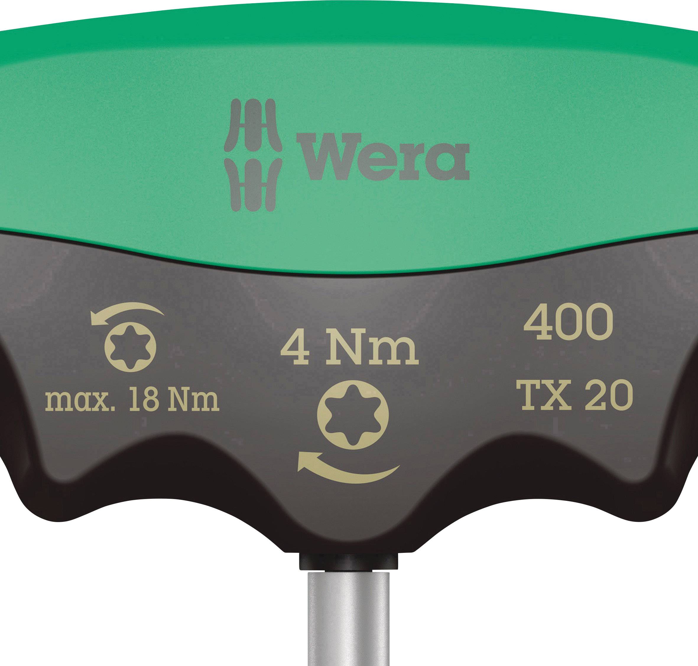 Grüner Schraubendrehergriff der Marke Wera, markiert mit 'max. 18 Nm', '4 Nm', '400' und 'TX 20'.