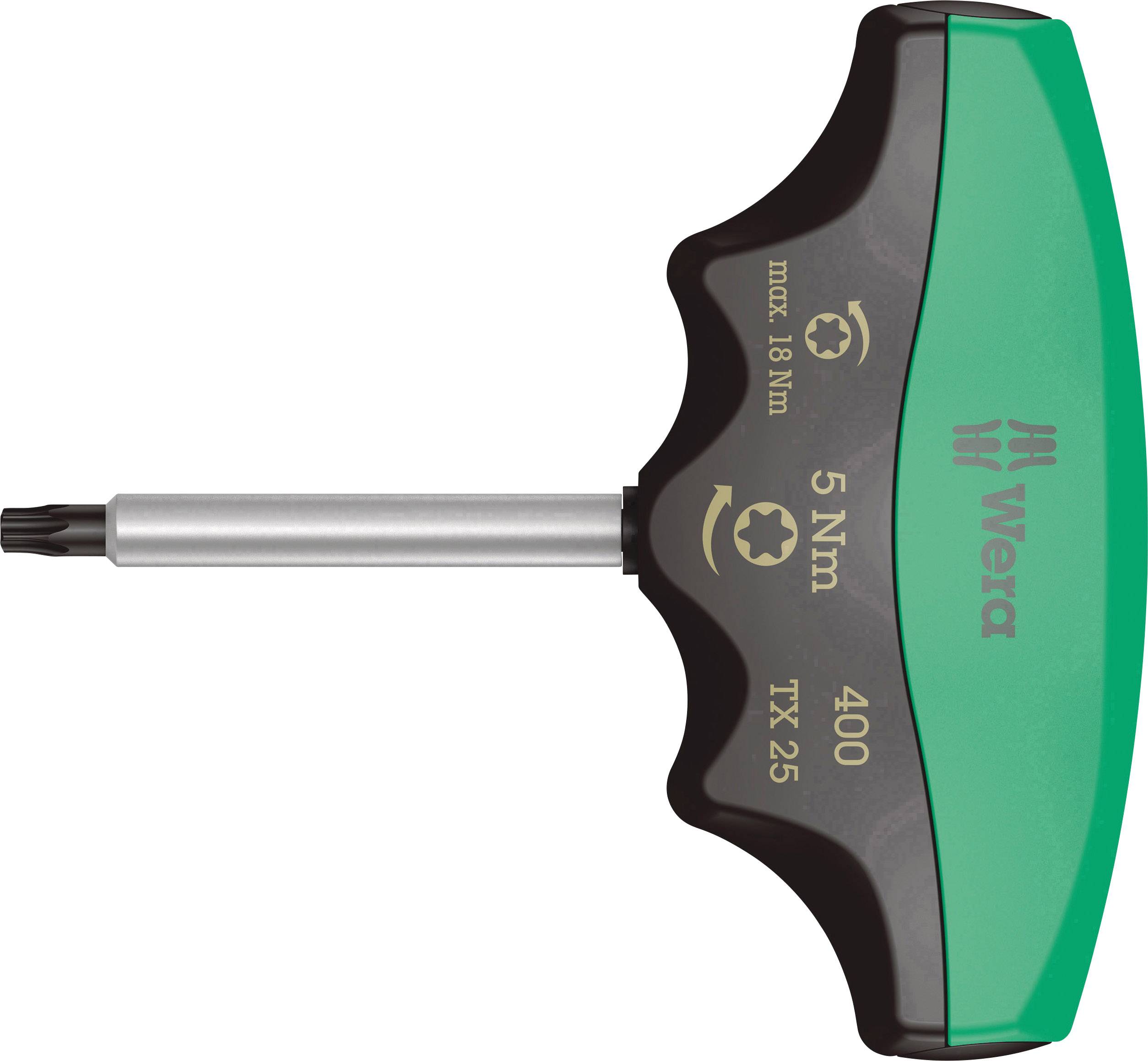 'Drehmoment-Schraubendreher mit T-Griff und Torx-Kopf TX 25. Maximales Drehmoment 18 Nm, optimal 5 Nm. Hersteller: Wera.'