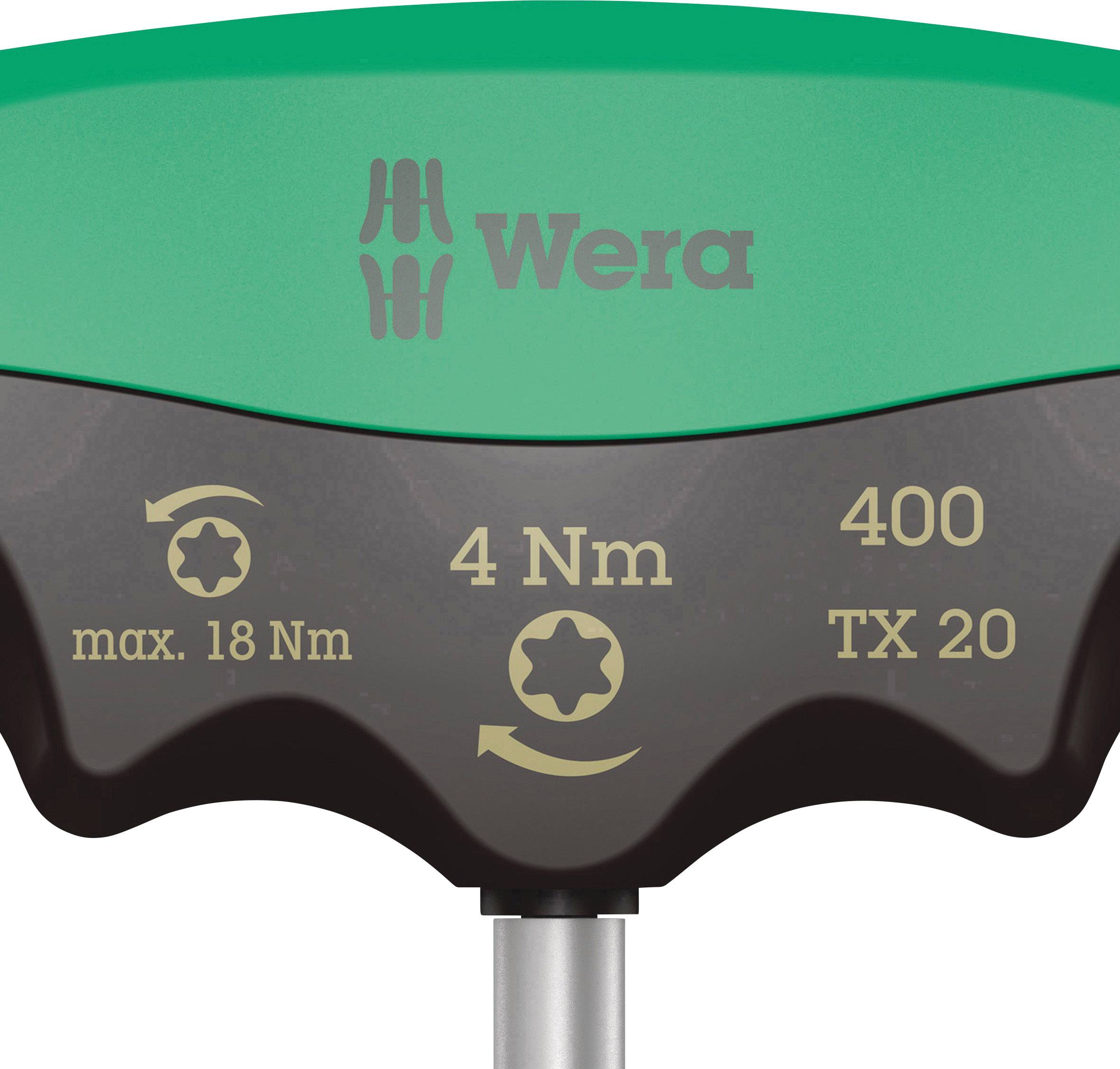 Drehmomentschraubendreher von Wera, zeigt max. 18 Nm, eingestellt auf 4 Nm, TX 20 Kopf, Modellnummer 400.