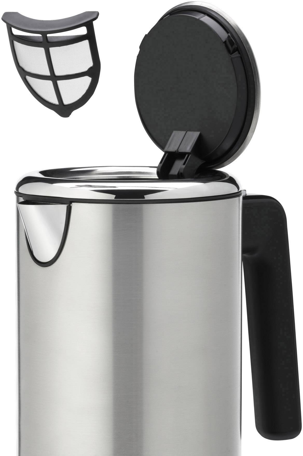 Ein silberner Wasserkocher mit geöffnetem Deckel und schwarzem Griff. Ein entnehmbarer Filter ist oberhalb des Wasserkochers abgebildet.