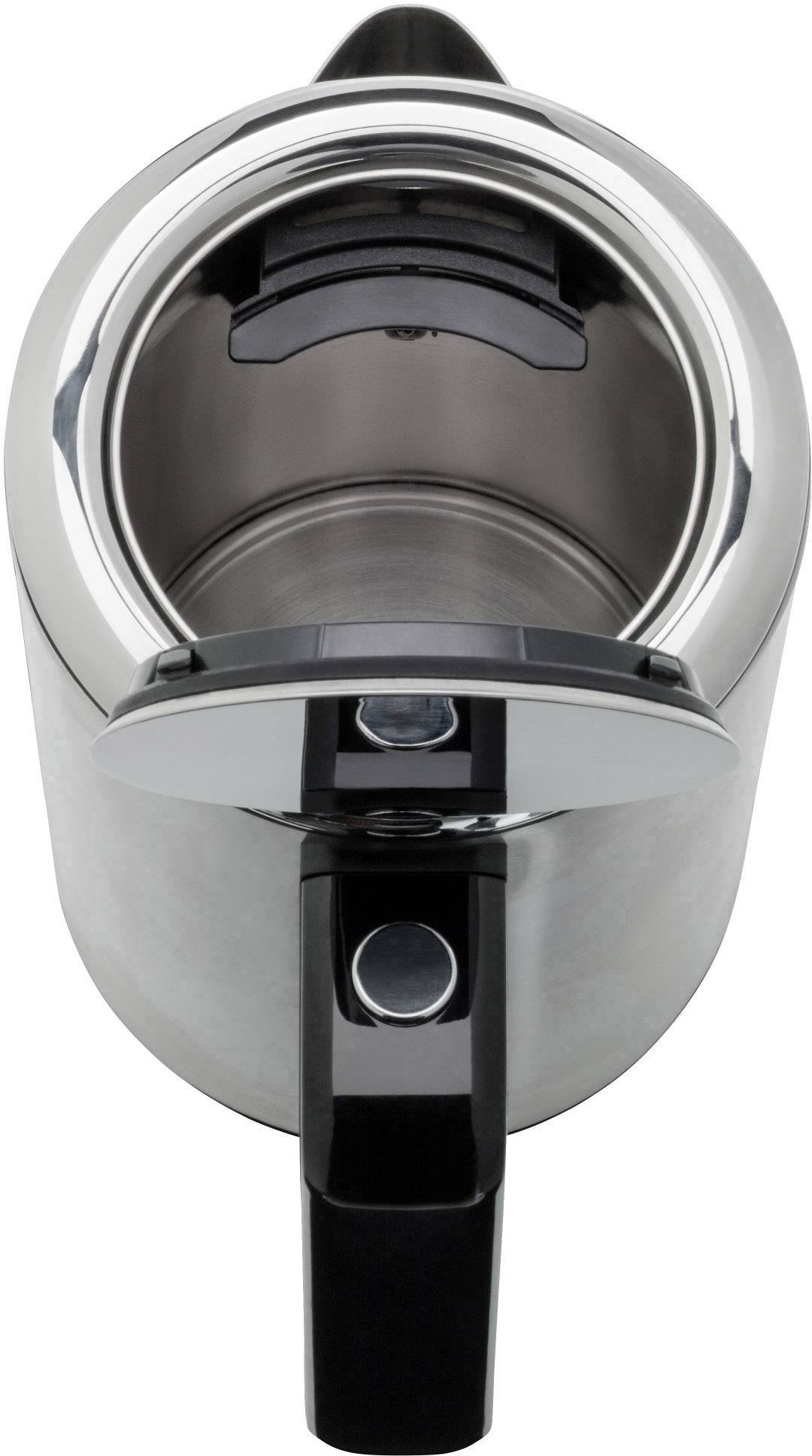 Metallischer Wasserkocher, von oben gesehen, mit schwarzem Griff und glänzender Oberfläche. Der Deckel ist teilweise geöffnet.