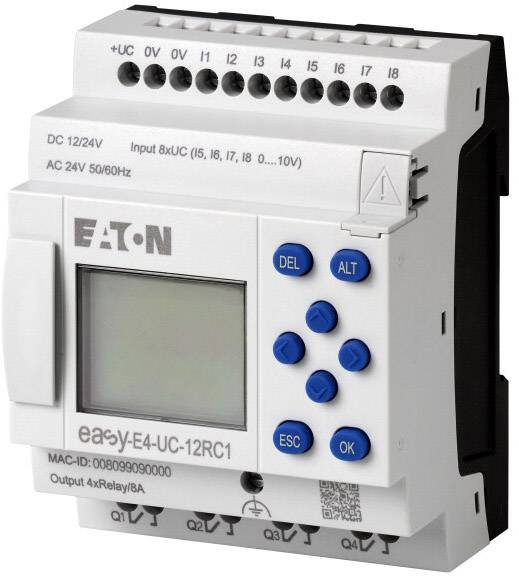 Ein programmierbares Steuerrelais von Eaton mit Display und blauen Tasten, Modell easyE4-UC-12RC1, geeignet für 12/24V DC-Eingang.