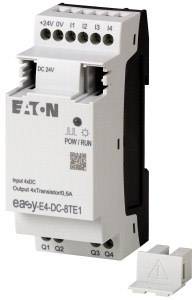 Ein graues Eaton Steuergerät mit mehreren Anschlüssen und dem Aufdruck 'DC 24V, easyE4-DC-8TE1'.