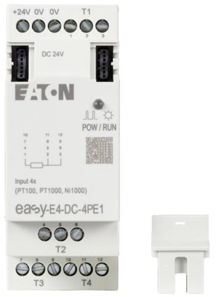 Elektrokomponente mit der Aufschrift EATON easyE4-DC-4PE1, zeigt Klemmen für +24V bis 0V, T1 bis T4. Beschriftung: POW/RUN, DC 24V.