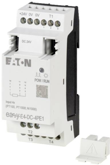 Elektrisches Gerät von Eaton zur Steuerung, zeigt Anschlüsse und Modell 'easy-E4-DC-4PE1'. Geeignet für 24V DC, mit vier Eingängen.