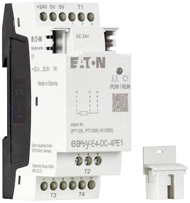 Ein weißes modulartiges elektrisches Steuergerät mit mehreren Anschlüssen, beschriftet mit 'Eaton' und Modellnummer 'easy-E4-DC-4PE1'.