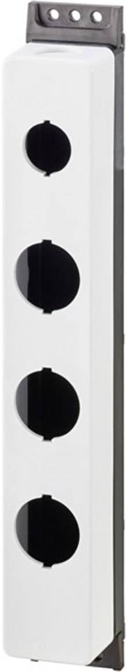 Weißes vertikales Gehäuse mit vier runden, schwarzen Öffnungen in einer Reihe, wahrscheinlich für Schalter oder Knöpfe.