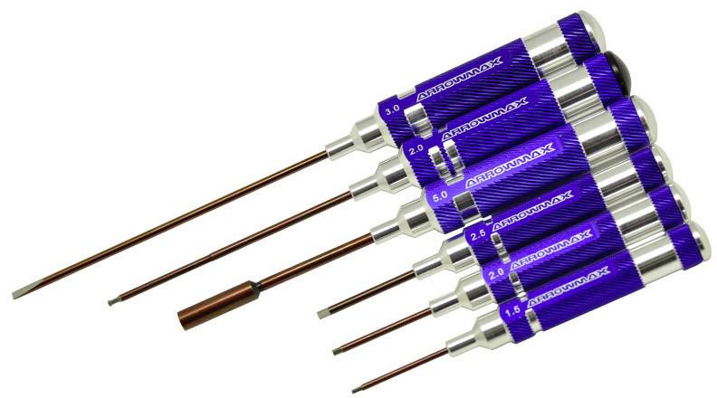 Satz von fünf blauen Inbusschlüsseln mit unterschiedlichen Größen, jeder Griff mit silbernen Kappen.