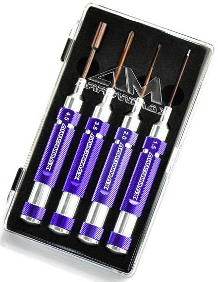 Ein Set von vier lila Handwerkzeugen in einer transparenten Hülle, jeweils mit einer unterschiedlich gekennzeichneten Spitze.