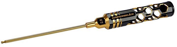 Ein präziser Schraubenzieher mit goldfarbenem Schaft und schwarzem Griff, der sechseckige Aussparungen und die Aufschrift 'ARROWMAX' zeigt.