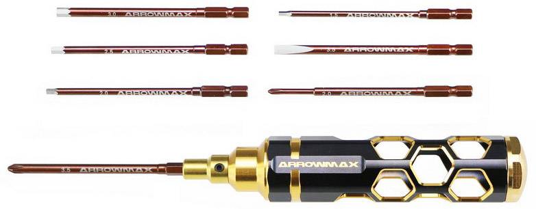 Schraubendreher-Set mit sechseckigem Griff und sechs verschiedenen Aufsätzen, einschließlich Schlitz- und Kreuzklinge.