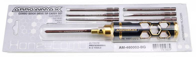 Satz von ARROWMAX Speed-Tip-Schraubendreheraufsätzen mit verschiedenen Größen, verpackt in einem Karton. Enthält Kreuz- und Schlitzoptionen.